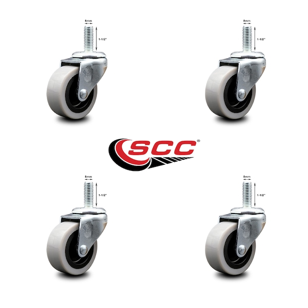 2 Inch Thermoplastic Rubber Wheel 8mm Threaded Stem Caster SCC, 4PK